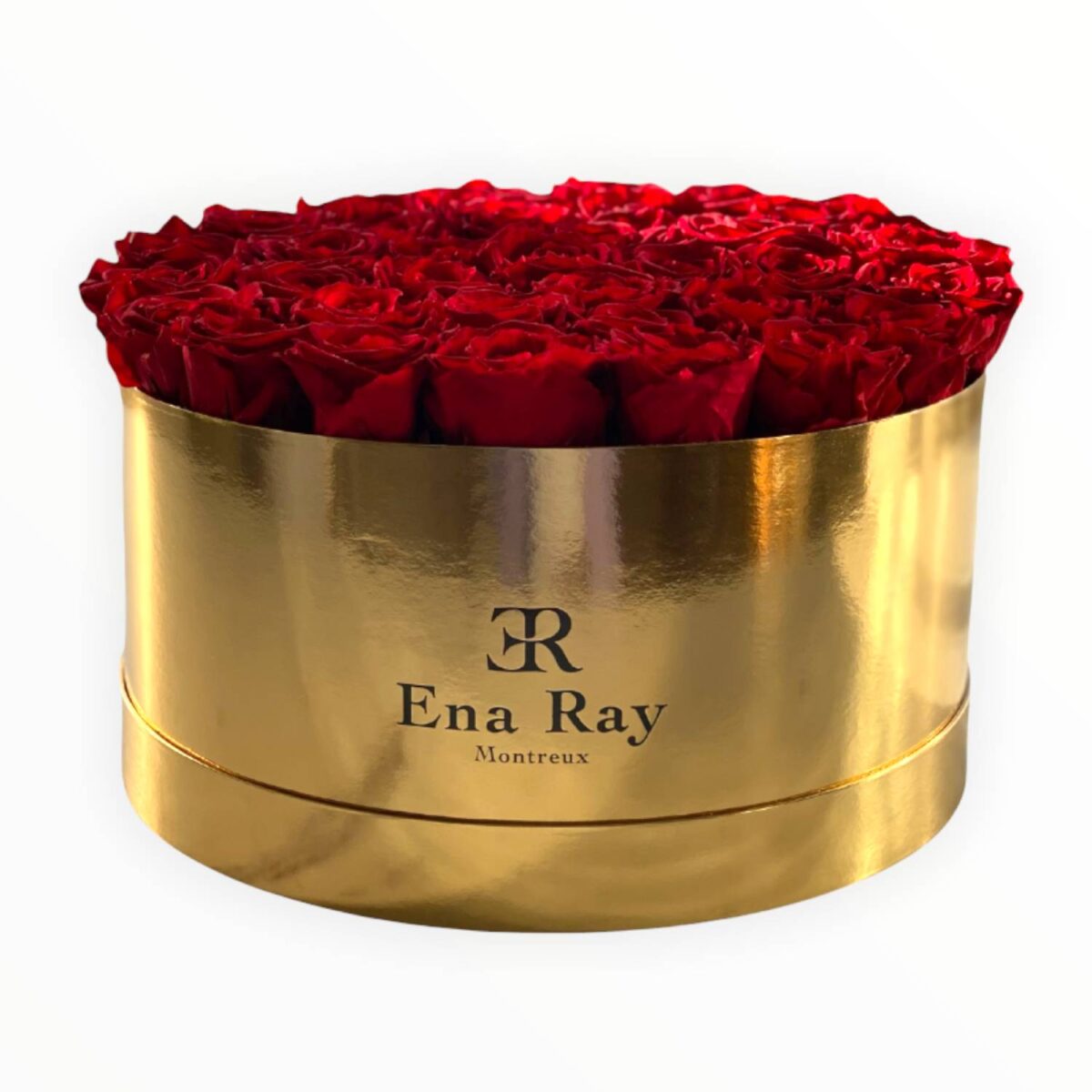 red roses in a golden hat box